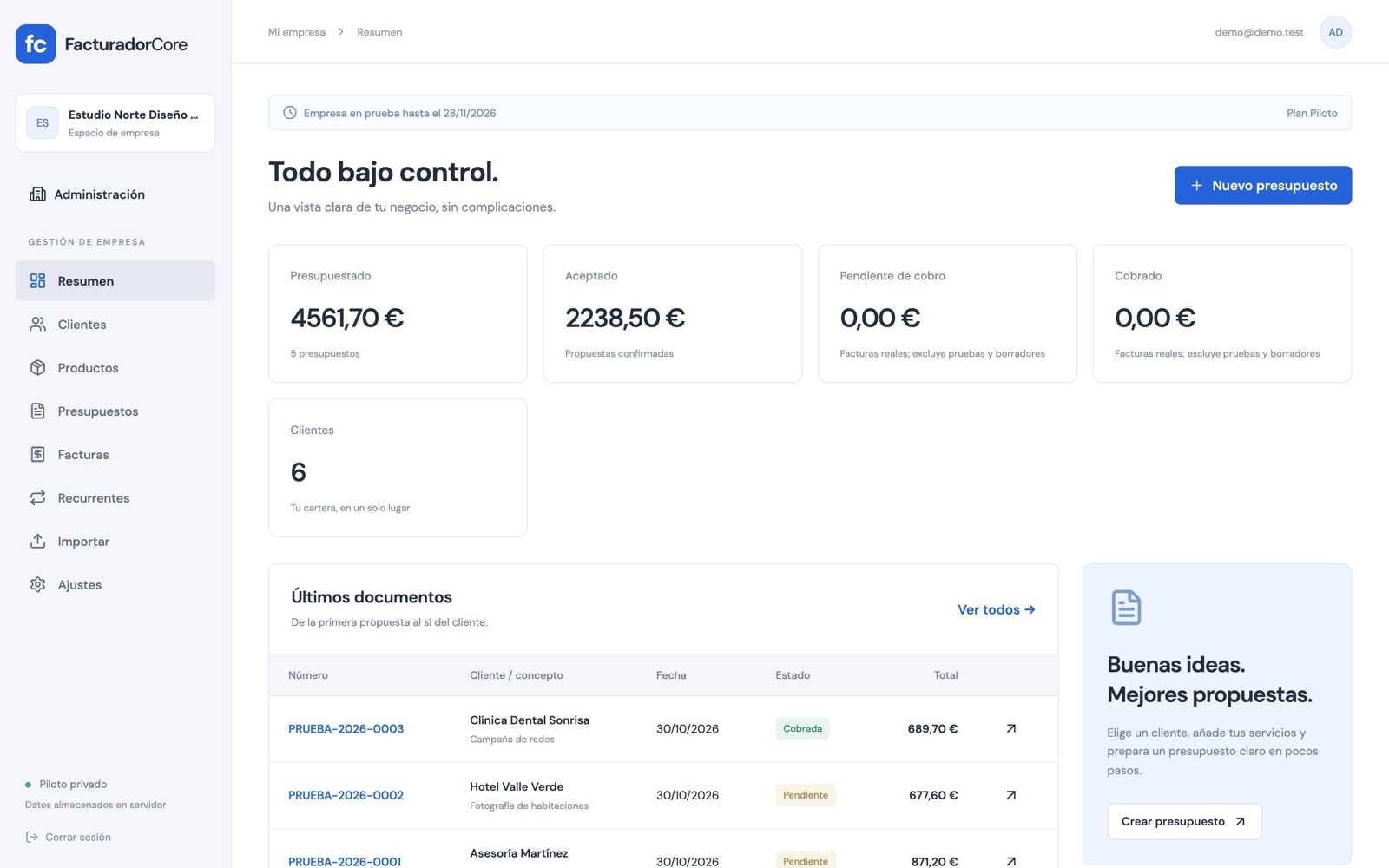Panel de resumen de FacturaCore